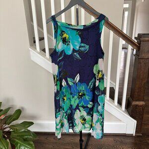 Eliza J - Sleeveless Navy Blue, Teal and Green floral dress - Size 14